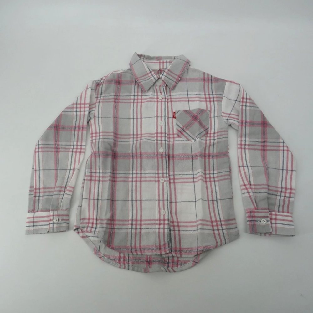 Levi's Girls Button Up Pink Gray Flannel Shirt Large 10/12 NWT $40